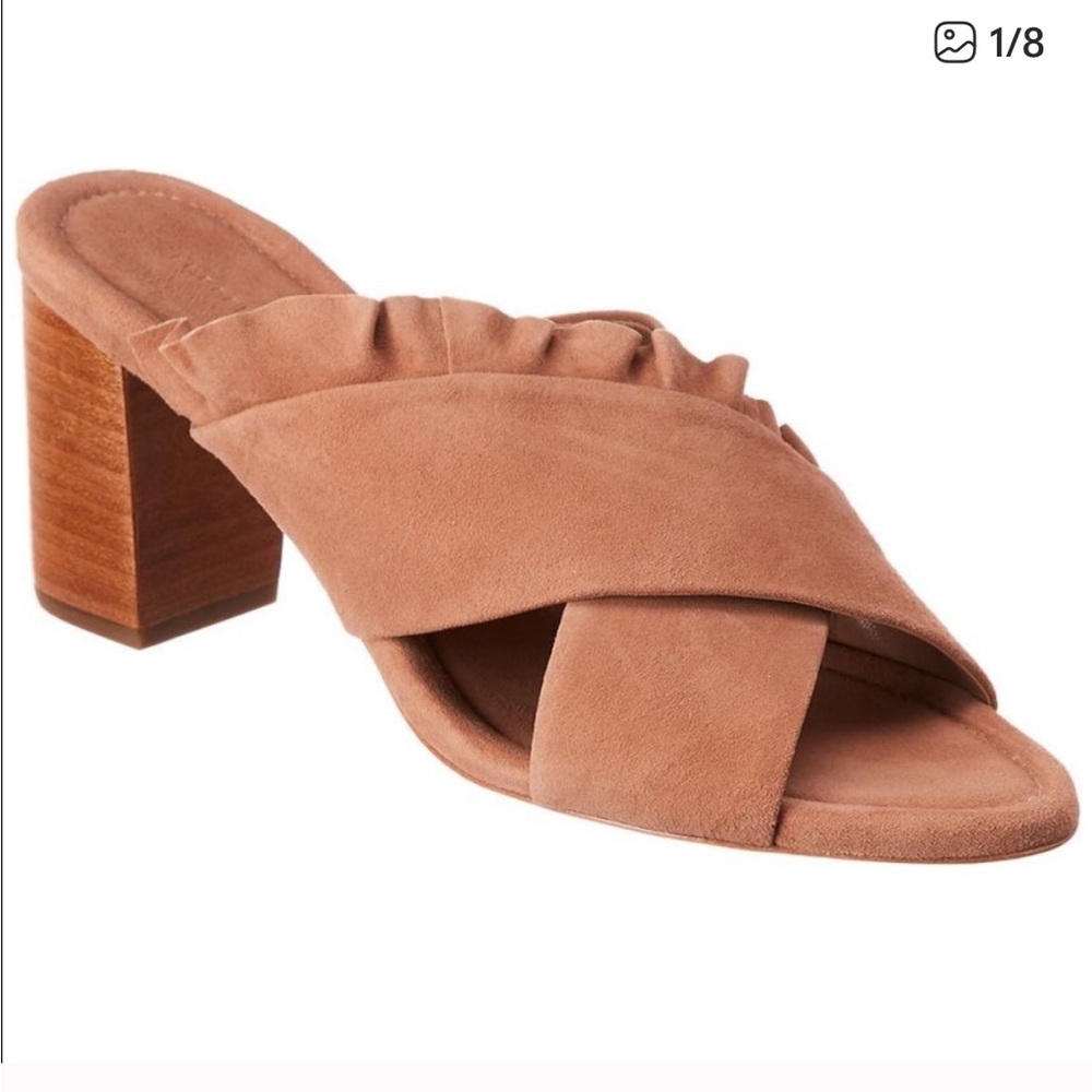 Loeffler Randall | Women’s Tan Suede Ruffle Crisscross Talley Stack Wood Heels 7